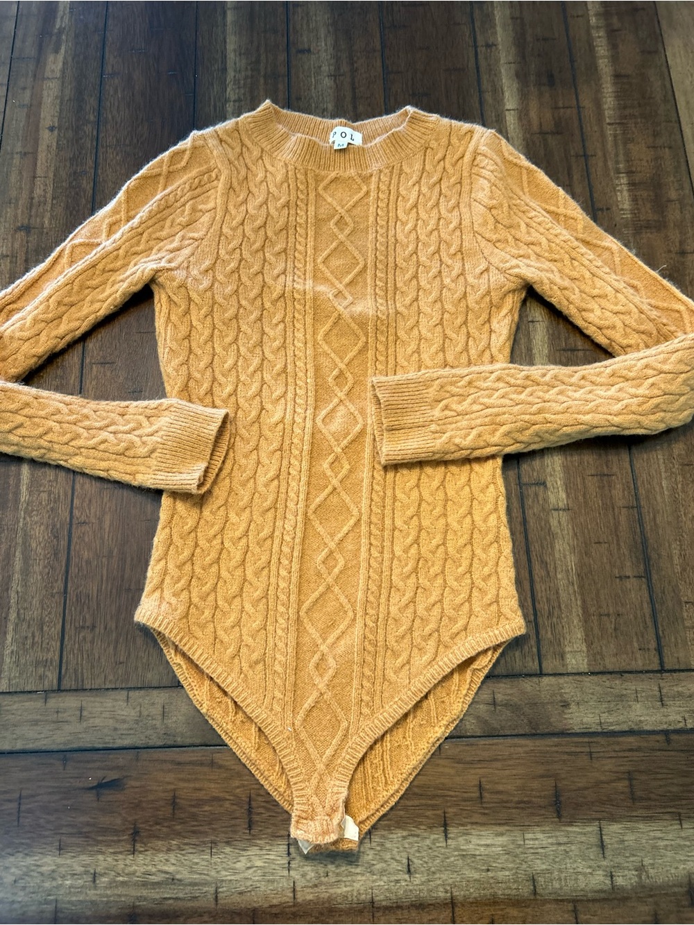 POL Open Back Cable Knit Bodysuit Sweater Boho Camel Medium